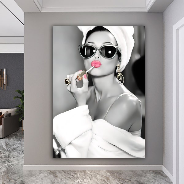 Audrey Hepburn Style Art, Audrey Hepburn Make Up Canvas Print, Audrey Poster, Hepburn Pink Lips, Pop Art Home Dekor, Kultige Wandkunst