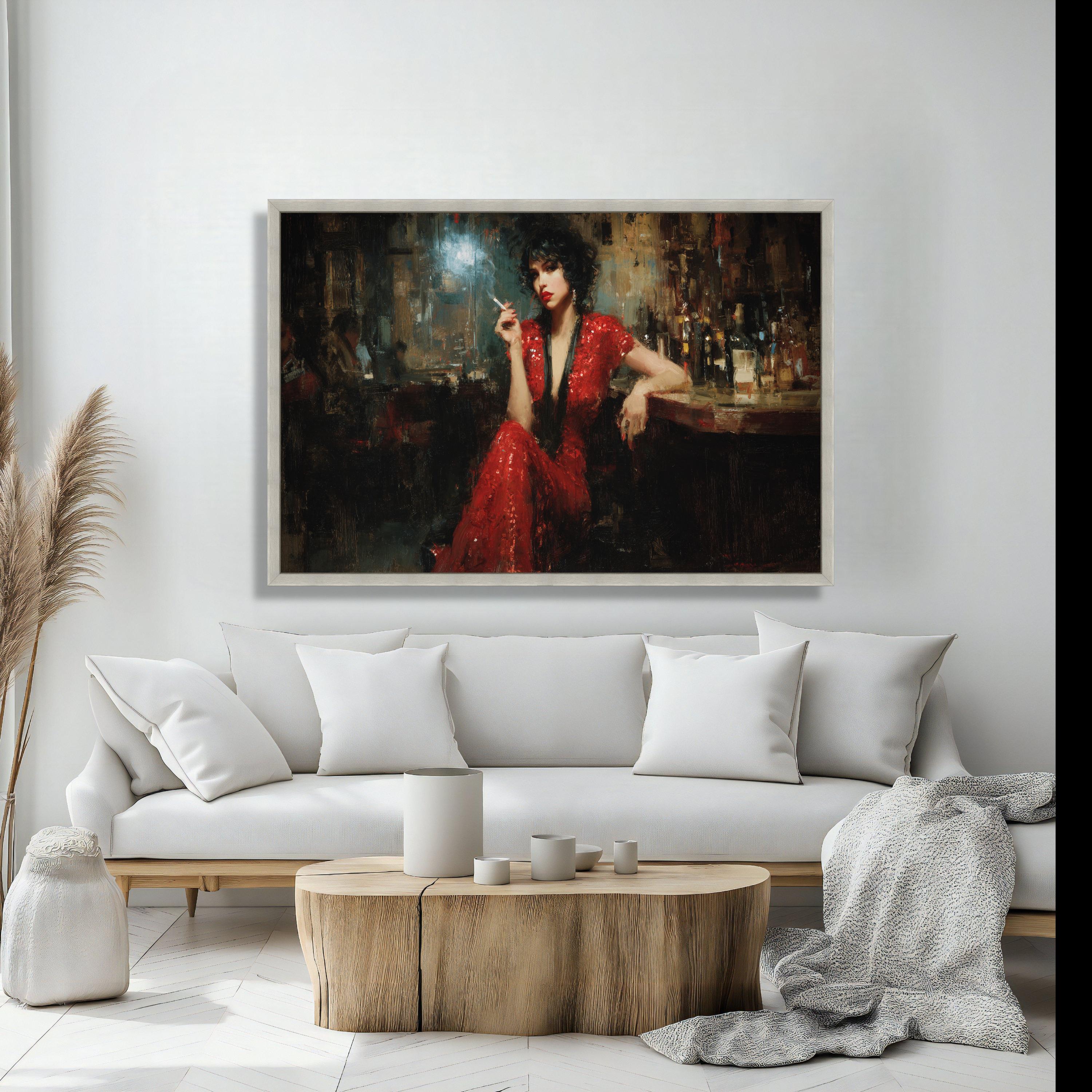 Elegant Woman in Red Dress Canvas, Vintage Bar Scene Wall Art, Chic ...