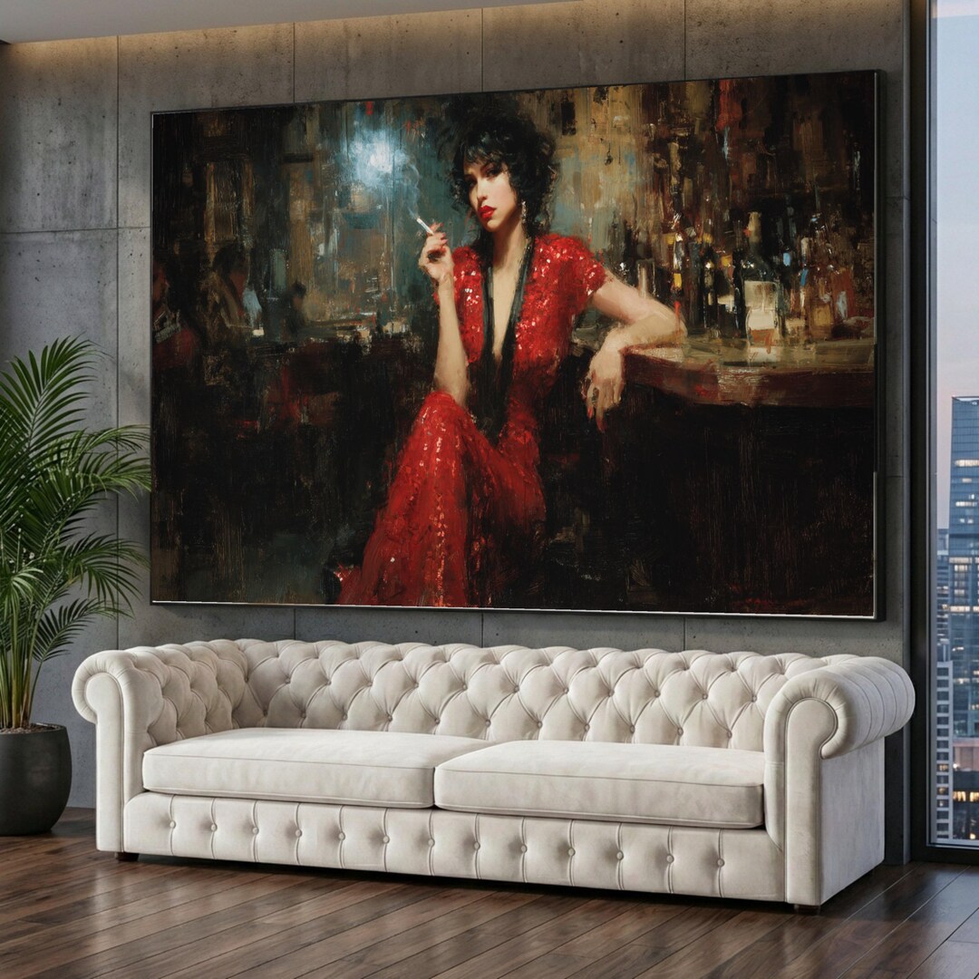 Elegant Woman in Red Dress Canvas, Vintage Bar Scene Wall Art, Chic ...