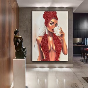 Red glitter woman, fashion woman canvas, woman canvas painting, real glitter textured woman painting, glitter woman canvas painting image 1