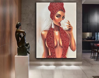 Red glitter woman, fashion woman canvas, woman canvas painting, real glitter textured woman painting, glitter woman canvas painting