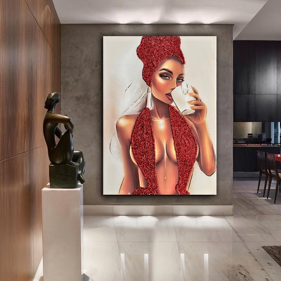 Red glitter woman, fashion woman canvas, woman canvas painting, real glitter textured woman painting, glitter woman canvas painting