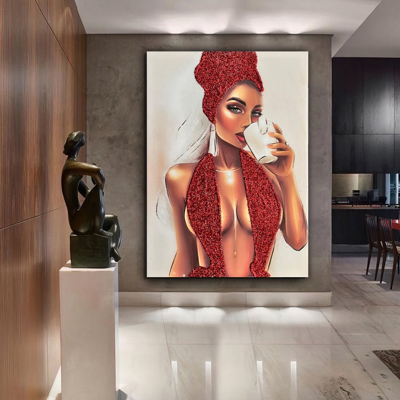 Red glitter woman, fashion woman canvas, woman canvas painting, real glitter textured woman painting, glitter woman canvas painting image 1