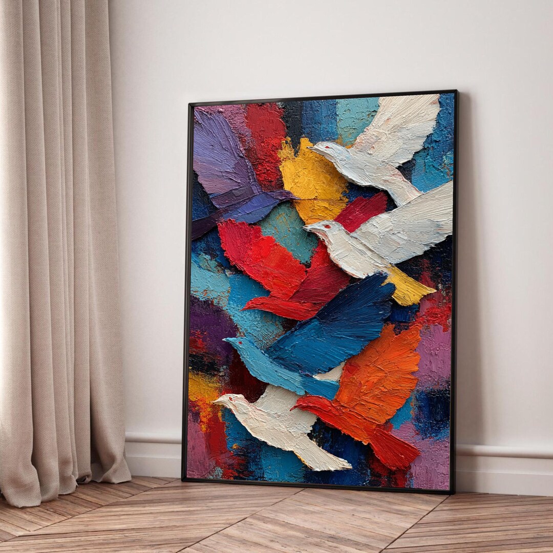 Colorful Flying Birds Canvas Wall Art, Textured Abstract Bird Painting ...