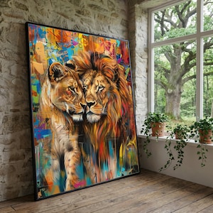 Toile couple de lions aux couleurs vives, décoration murale animalière abstraite, peinture colorée lionne et lion, toile animalière moderne, maison safari audacieuse