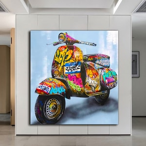 tela graffiti moto, arte murale di Banksy, pittura su tela graffiti, stampa su tela moto, decorazione su tela pop art moto