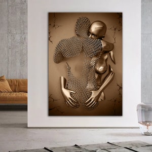 hug,love couples canvas print, love bronze glitter embroidered canvas print, ready to hang product, 3d effect canvas print