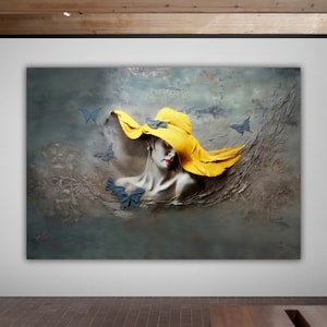 Pintura en lienzo de mujer con sombrero con efecto 3D, impresión en lienzo de mujer de piedra, decoración de pared de mujer, impresión de mujer con sombrero, arte en lienzo con textura brillante