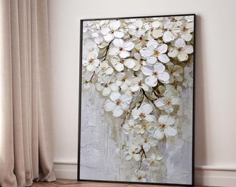 White Blossoms Canvas Wall Art, Textured Floral Painting, Elegant Spring Flowers Canvas, Modern Home Décor, Nature Inspired Wall Art