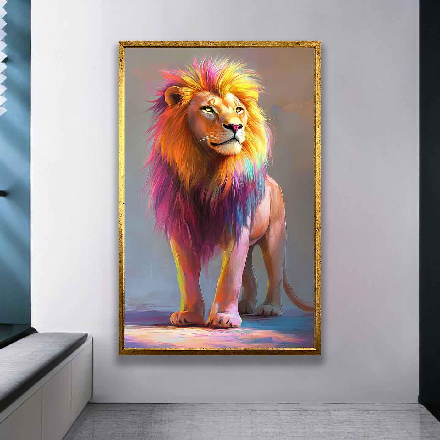 レインボーライオンの絵画、カラフルなライオンアート、ライオンの