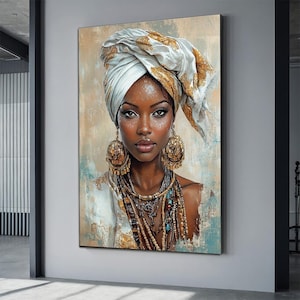 Ethnic african woman canvas, black woman painting, african girl poster, home decor, home gift woman wall art image 1