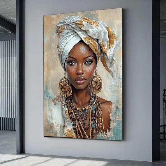Ethnic african woman canvas, black woman painting, african girl poster, home decor, home gift woman wall art