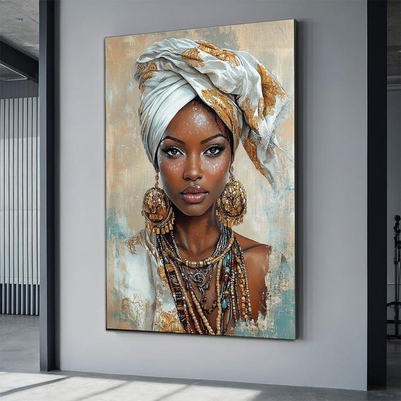 Ethnic african woman canvas, black woman painting, african girl poster, home decor, home gift woman wall art image 1