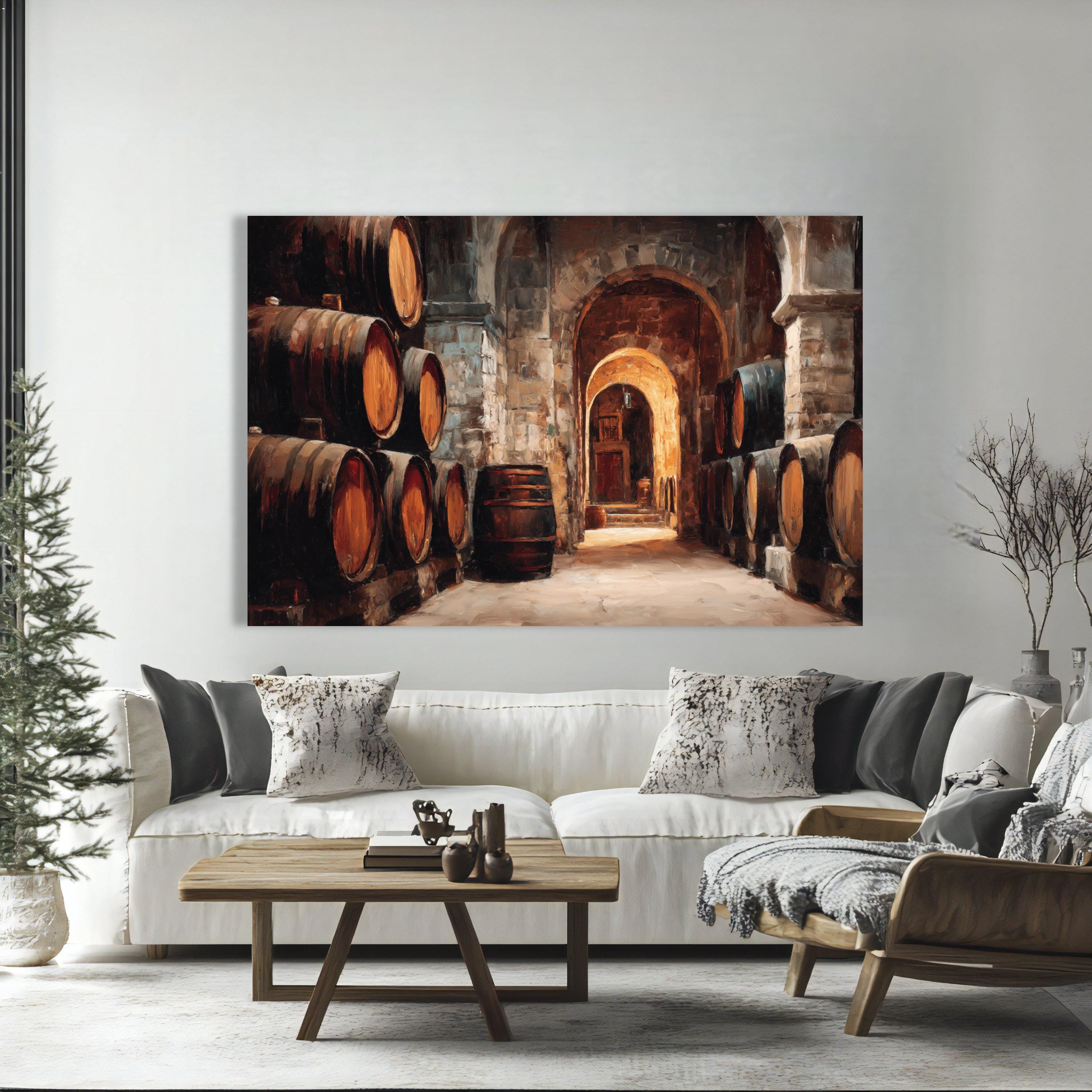 Vintage Wine Cellar Canvas, Barrel Room Wall Art, Rustic Stone Archway ...