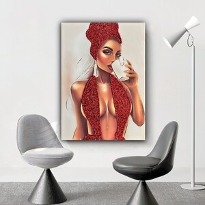 Red glitter woman, fashion woman canvas, woman canvas painting, real glitter textured woman painting, glitter woman canvas painting image 2