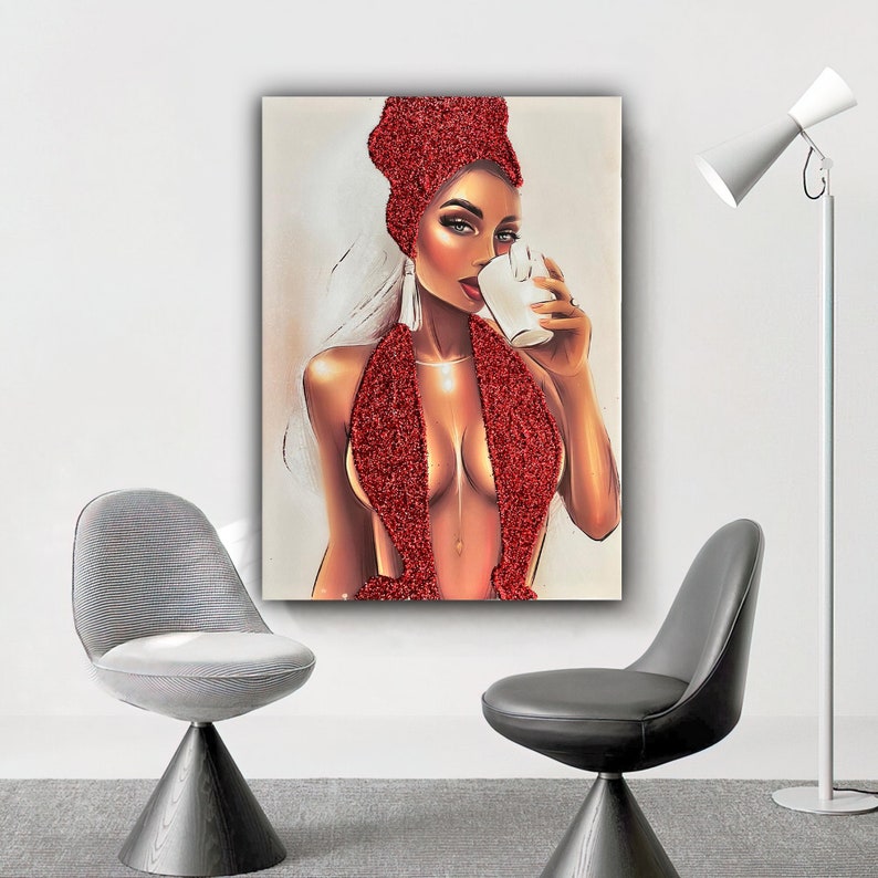 Red glitter woman, fashion woman canvas, woman canvas painting, real glitter textured woman painting, glitter woman canvas painting image 2