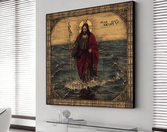 Rustic jesus picture canvas, christian jesus walking on the sea home gift, vintage jesus poster