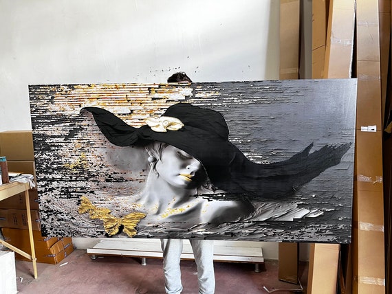 3d effect woman in hat canvas painting, stone woman canvas print, woman wall decor, woman in hat print