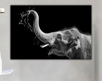 Éléphant noir et blanc, art mural éléphant, toile éléphant, décoration murale éléphant, toile animal, photo éléphant,