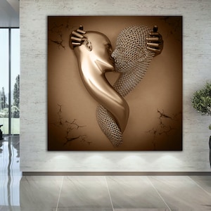 Pintura en lienzo de parejas besándose en el amor, impresión en lienzo texturizado con brillo bronce, decoración de pared, pintura con efecto 3D