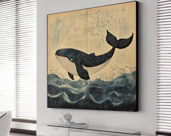 Japanese Style Wabi Sabi Painting ,Canvas Print of a Whale | Nautical Decor |  Ocean Art | Whale Wall Art | Whale Decor, whale gift