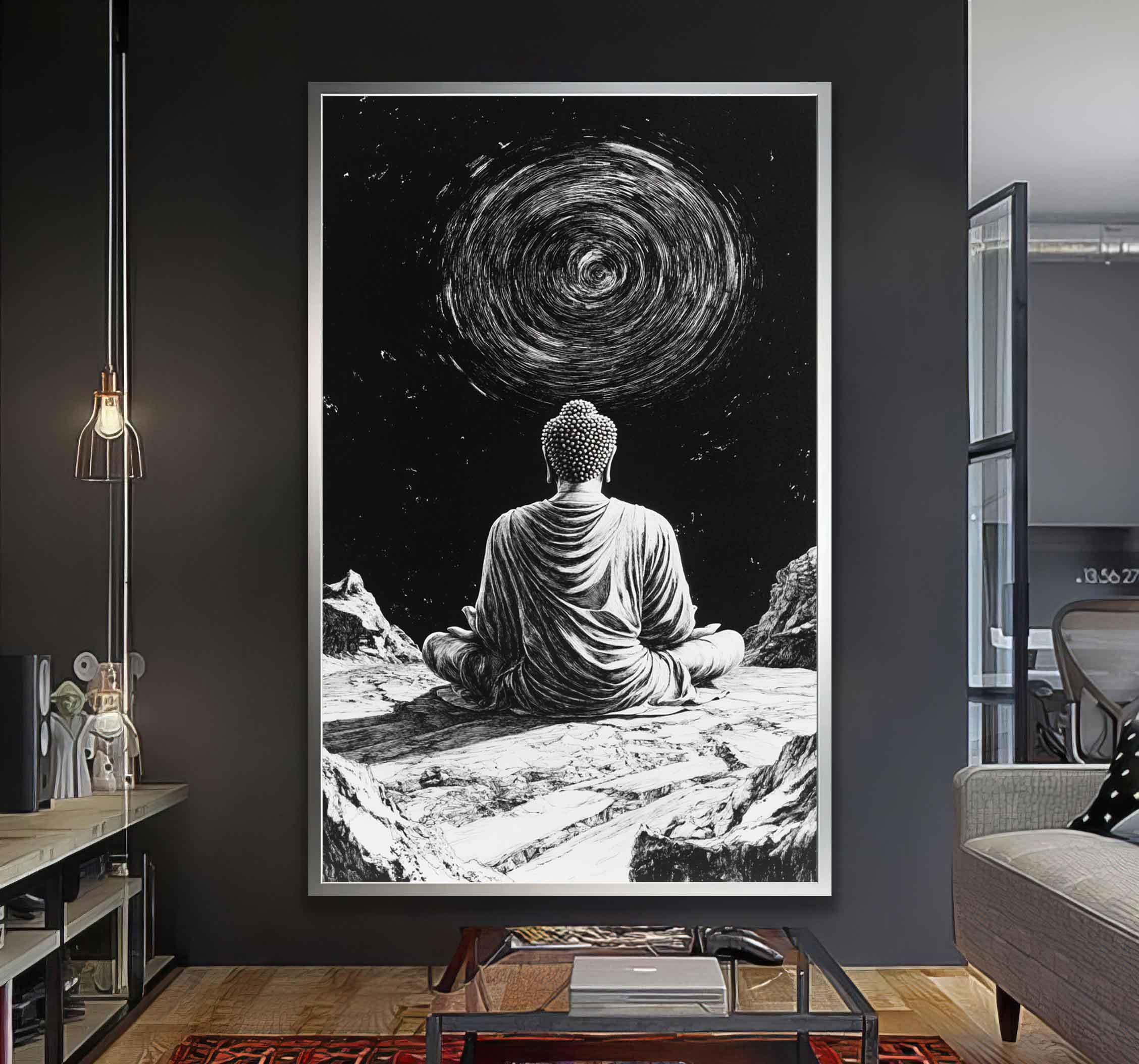 Praying Buddha in the Sky Canvas, Black and White Buddhist