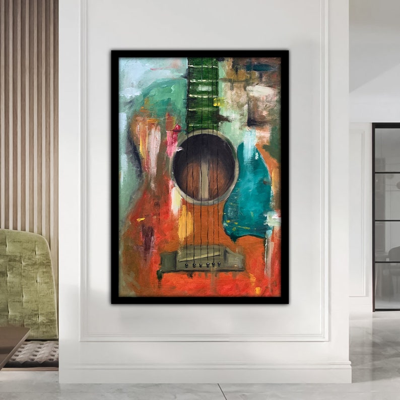 oil painting look guitar canvas, musical instrument canvas print, artistic guitar painting, colorful guitar art, large canvas image 2