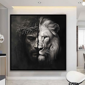 Lion And Jesus Canvas Art, God Wall Art Home Decor, Gift For Christians, Jesus Painting, Lion Of Judah, Church, Christ Art, jesus and lion
