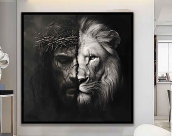Arte su tela Leone e Gesù, decorazione murale di Dio, regalo per cristiani, dipinto di Gesù, leone di Giuda, chiesa, arte di Cristo, Gesù e leone