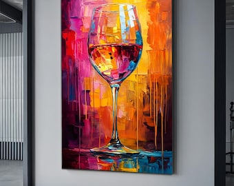 Colorful Wine Glass Painting Print ,Wine Lover Gift , Abstract Wine Wall Decor & Gifts , Large Kitchen Wall canvas Art
