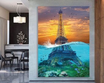 eiffel tower canvas, surrealism canvas painting , eiffel tower  art wall decor , surreal canvas print , artistic canvas painting