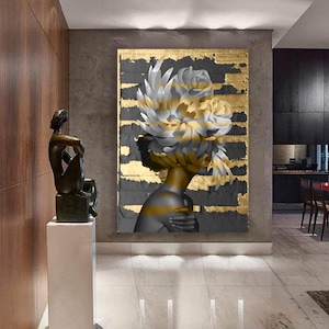 Floral woman canvas painting , gold and white abstract woman floral canvas print , woman portrait with flower , woman with flower head