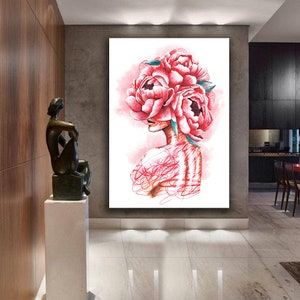 woman with flower head canvas painting , woman with flower head canvas print , woman with flower wall decor , woman with rose body canvasart