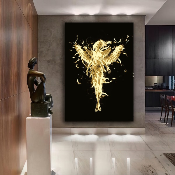 gold color angel art, angel canvas painting, angel woman wall decor, angel wings canvas print