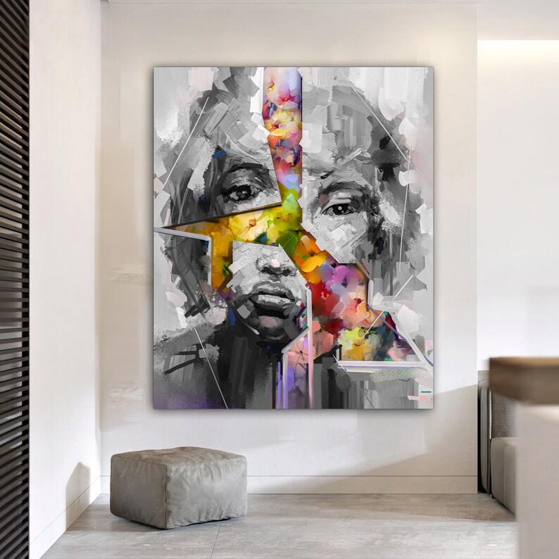 Abstract Woman Face Portrait Canvas Wall Art , Colorful Faced Woman ...