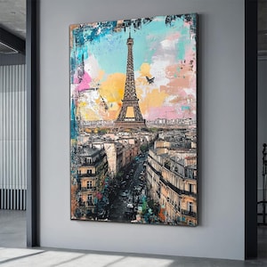 Impression d&#39;art de Paris peinture tour Eiffel, Illustration de scène parisienne, paysage urbain de France, art mural, art mural printemps déco