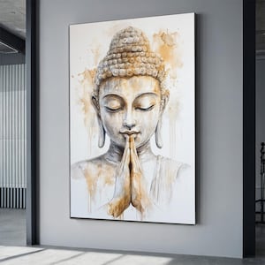 Art mural de Bouddha serein, peinture de Bouddha blanc et or, art de méditation zen, décoration de Bouddha paisible, art mural toile pleine conscience spirituelle