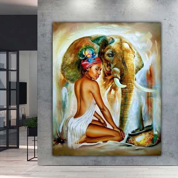 Woman and elephant canvas painting, BEAUTIFUL women canvas print, women's home decor ,  office decor, beauty salon decor
