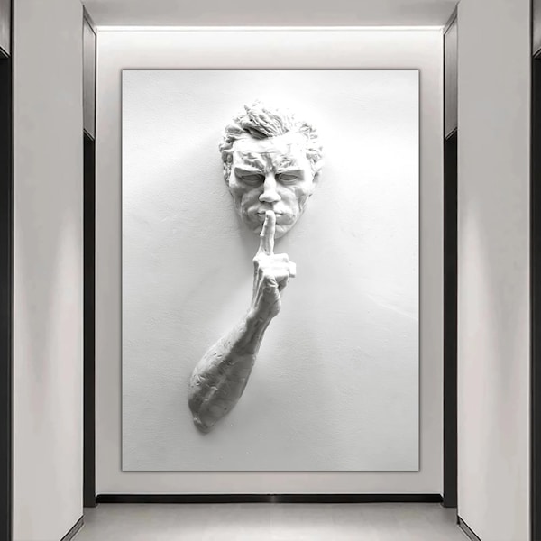 hush man canvas painting, man statue canvas print, 3d effect wall decor, sculpture print wall decor