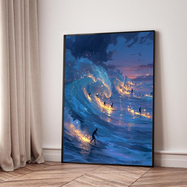 Fiery Surfing Wave Canvas, Glowing Night Beach Wall Art, Dynamic Ocean Scene, Modern Water Sports Canvas, Vibrant Coastal Decor