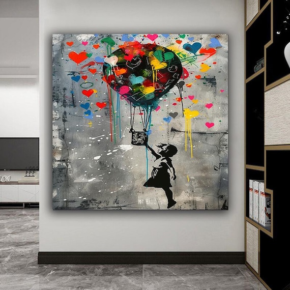 Banksy Graffiti Flying Balloon Boy Canvas Painting, Graffiti Wall