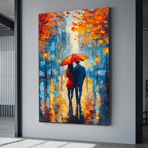 Romantic couple canvas, lovers with umbrella art, love painting, autumn and love art, home decoration art