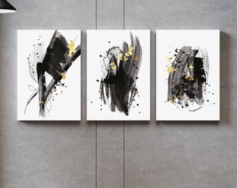 modern abstract painting, black abstract canvas print, set of 3 abstract art, black and white abstract print, modern home decor