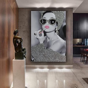 women&#39;s popular canvas painting, silver glitter textured canvas print, women&#39;s canvas painting, sparkly women&#39;s wall decor