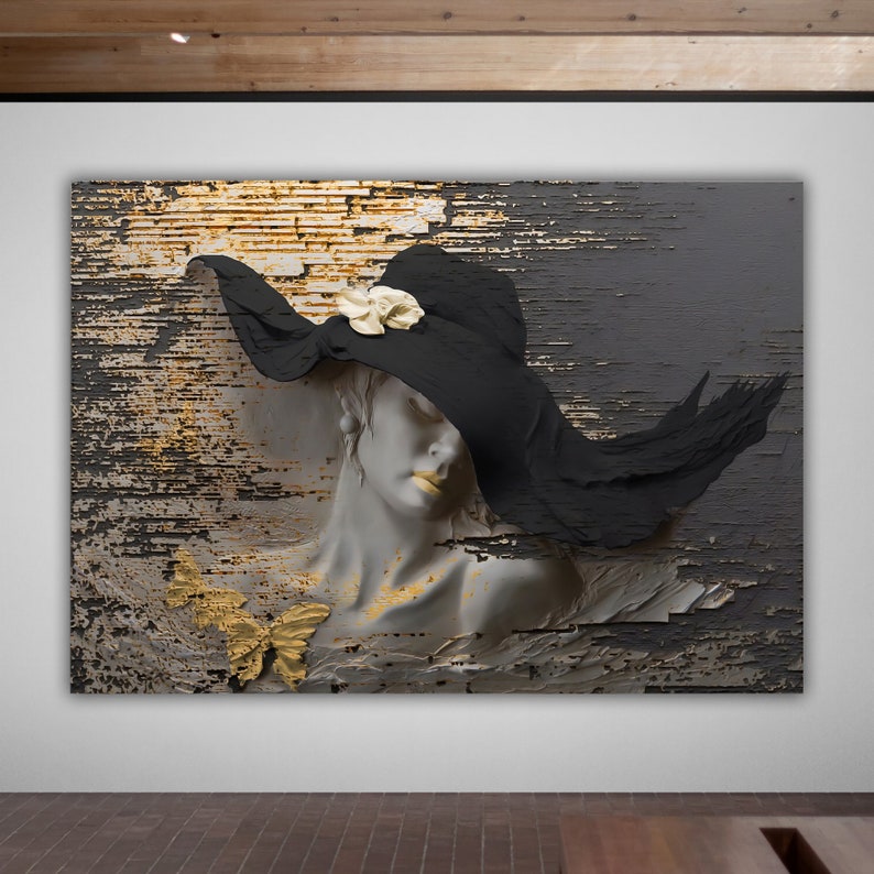 3d effect woman in hat canvas painting, stone woman canvas print, woman wall decor, woman in hat print image 2