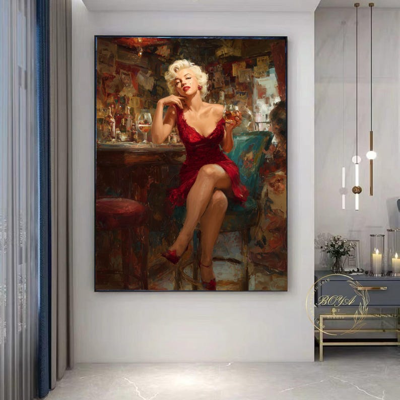 Glamorous Woman in Red Dress Canvas, Vintage Bar Scene Wall Art ...