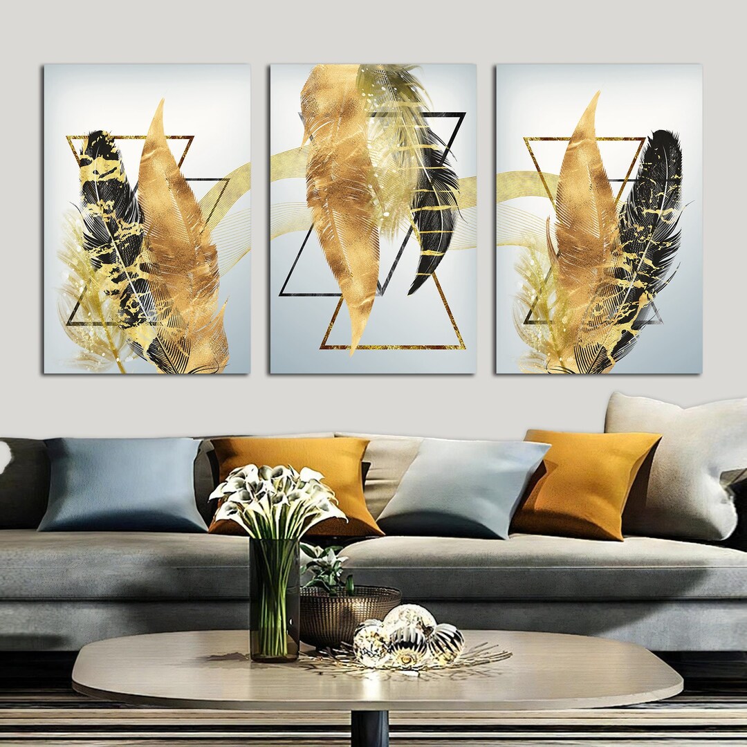 ABSTRACT Flowers Set of 3 Canvas Print, Leafs Wall Arts, Gold and Black ...