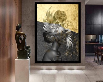 woman with flower head canvas painting, framed woman canvas print, woman poster, woman with rose body painting, framed home decor