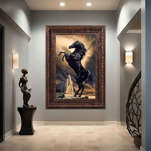 Tänzelndes Pferd Leinwand, antikes gerahmtes Pferd Gemälde, braunes Pferd Malerei Kunst, Büropferd Wanddekor