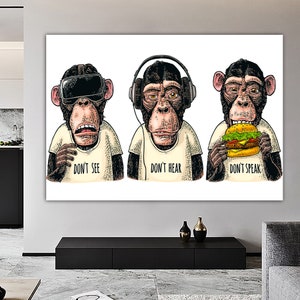 3 Monkeys Canvas, Three Monkey Wall Art, 3 Monkeys Poster Art, Animal Print Canvas, No See No Hear No Speak, Living Room Canvas, Monkeys